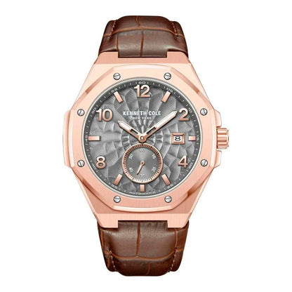 Kenneth Cole Men's Automatic Brown Leather Watch, Grey Dial