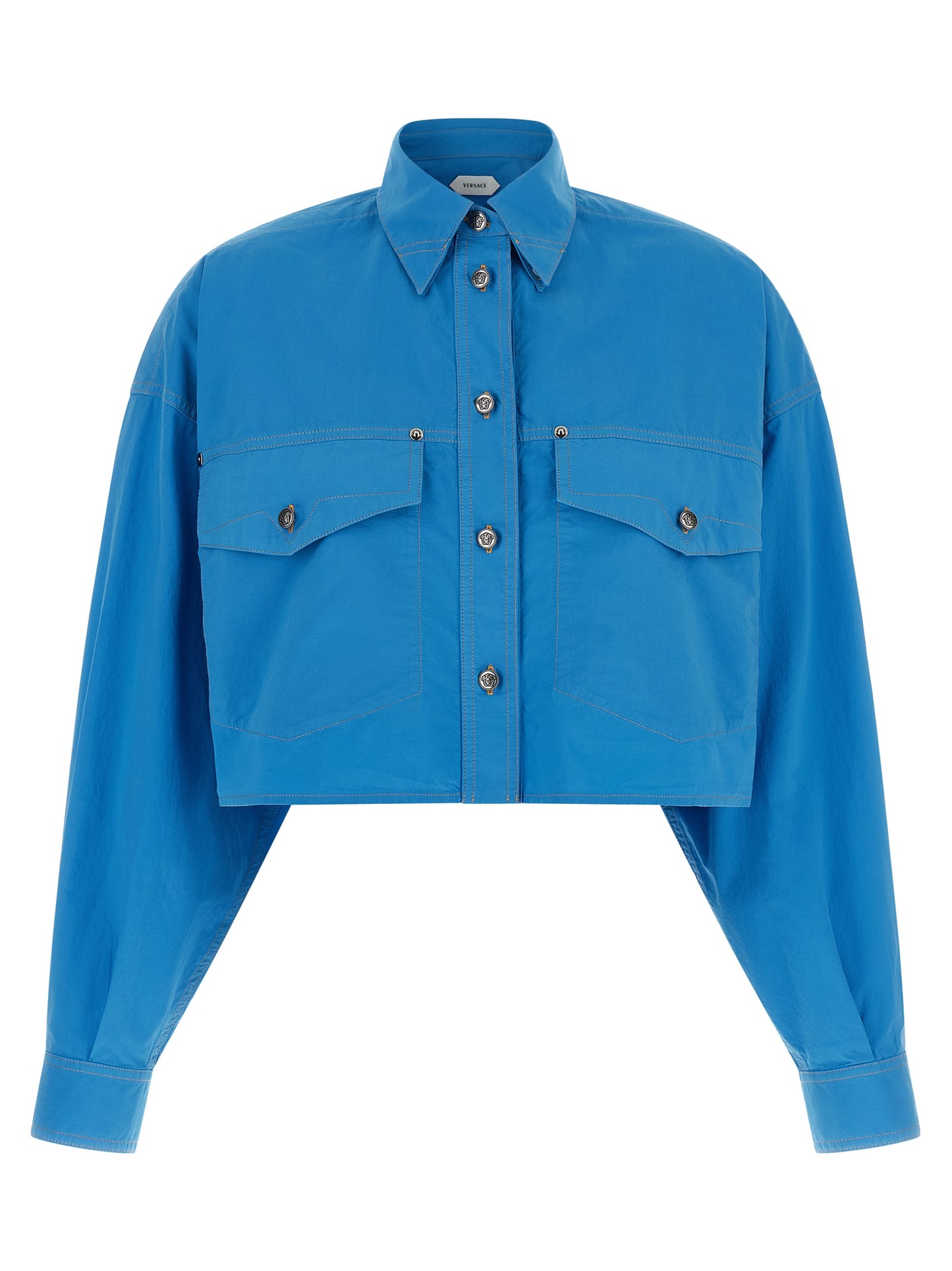 Versace Blue Cropped Cotton Blouse with Medusa Buttons