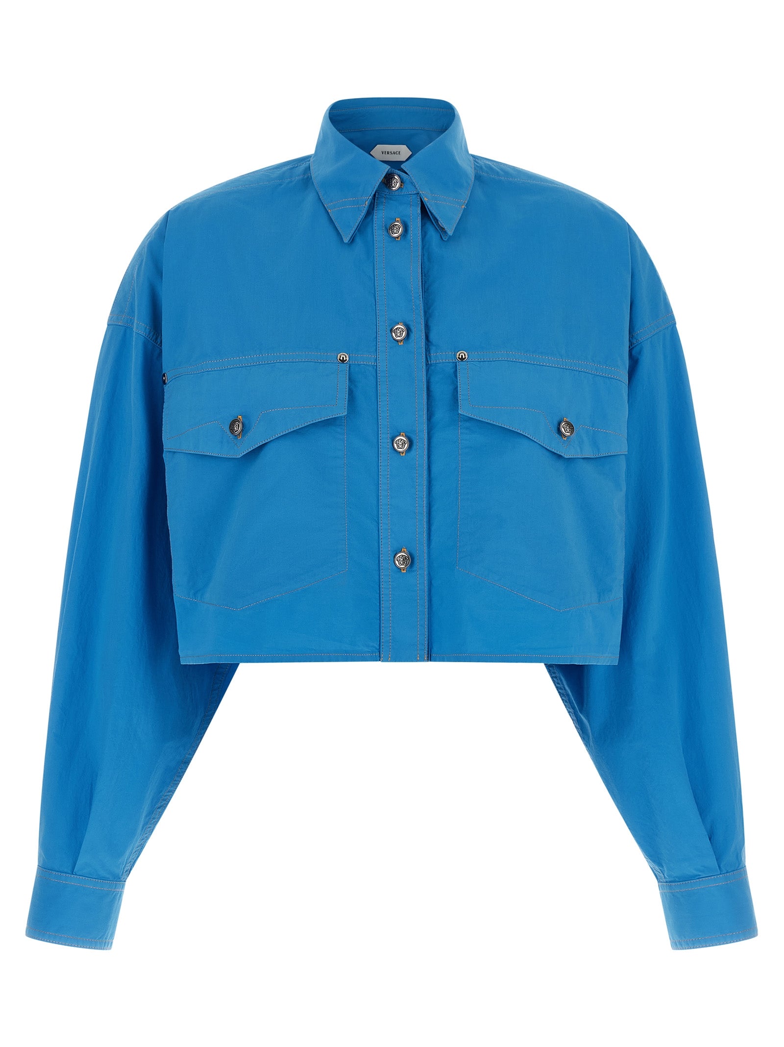 Versace Blue Cropped Cotton Blouse with Medusa Buttons