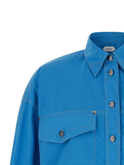 Versace Blue Cropped Cotton Blouse with Medusa Buttons