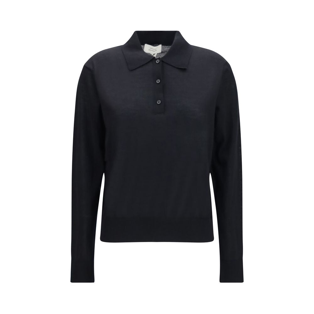 Loulou De Saison Black Cashmere Polo Shirt - Oversize Fit, Long Sleeve