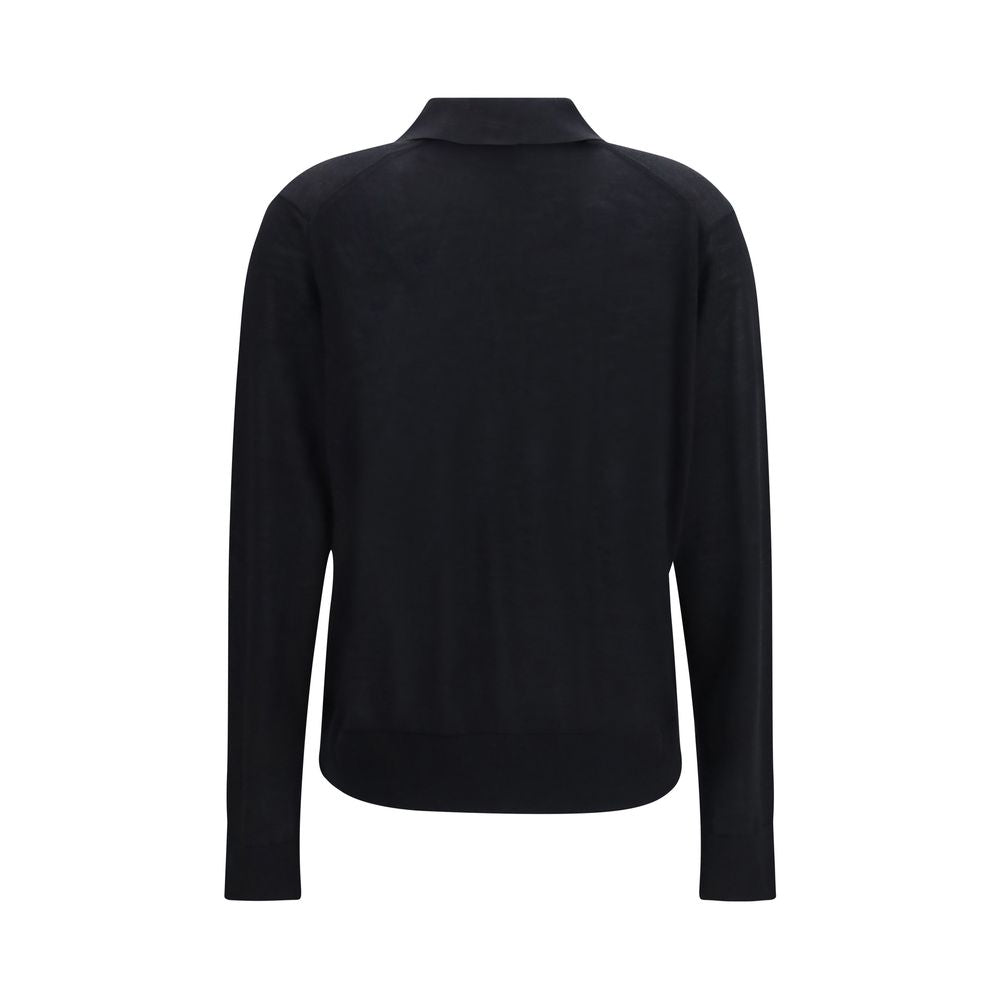 Loulou De Saison Black Cashmere Polo Shirt - Oversize Fit, Long Sleeve