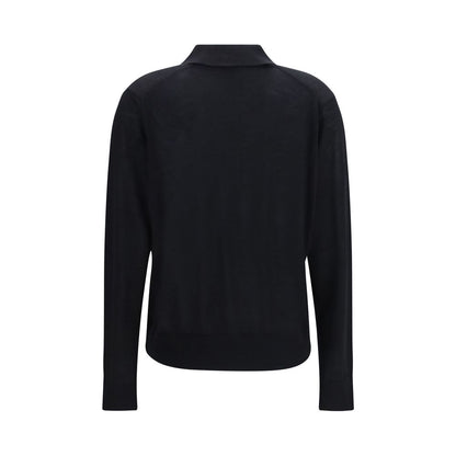 Loulou De Saison Black Cashmere Polo Shirt - Oversize Fit, Long Sleeve