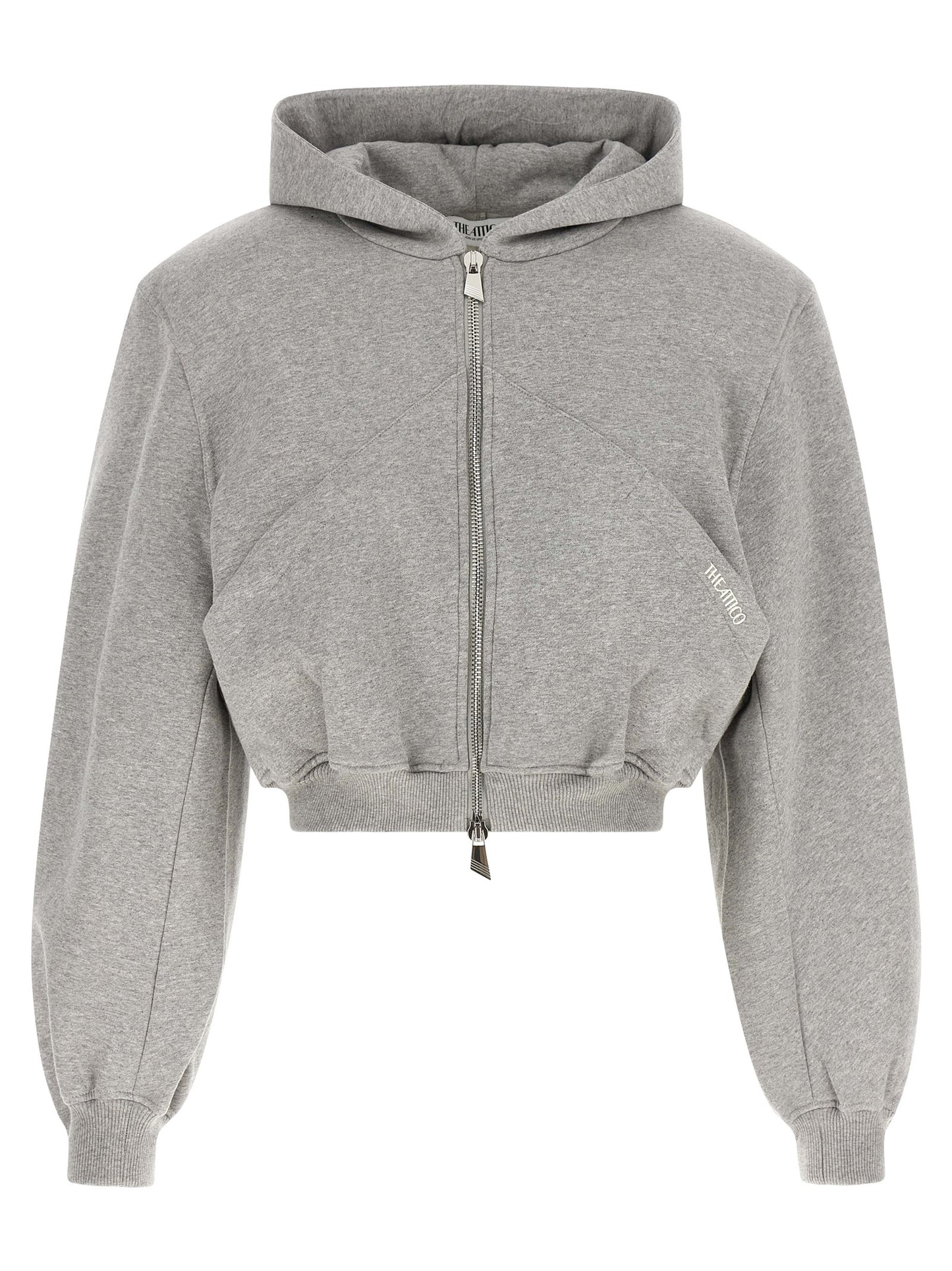 The Attico Gray Cotton Cropped Hooded Sweatshirt with Balloon Sleeves