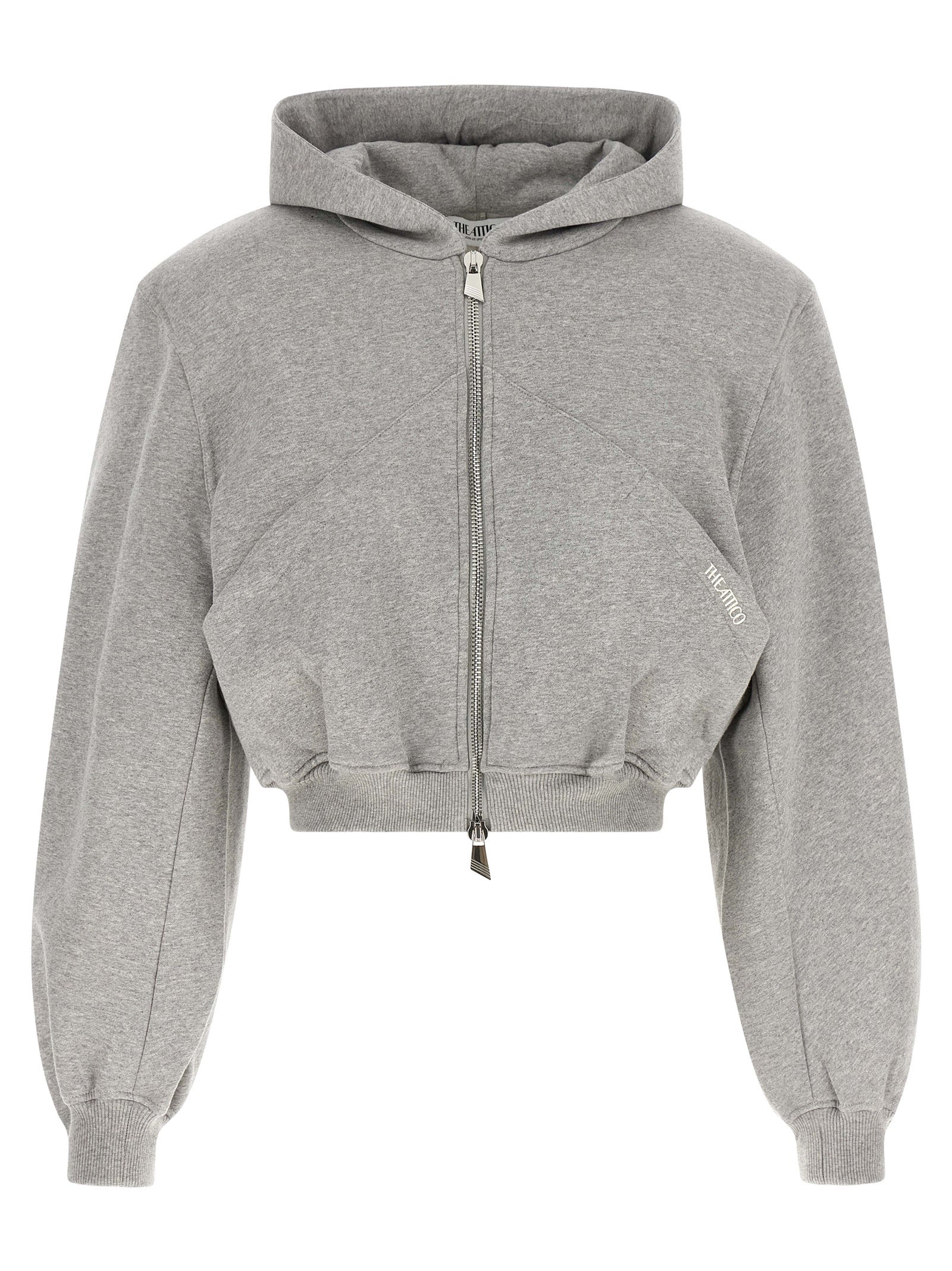 The Attico Gray Cotton Cropped Hooded Sweatshirt with Balloon Sleeves