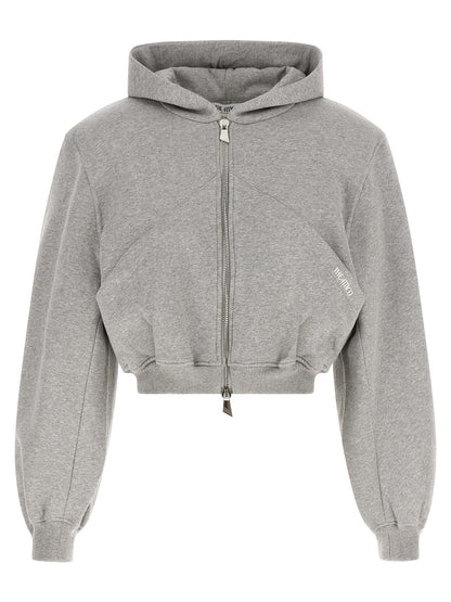 The Attico Gray Cotton Cropped Hooded Sweatshirt with Balloon Sleeves