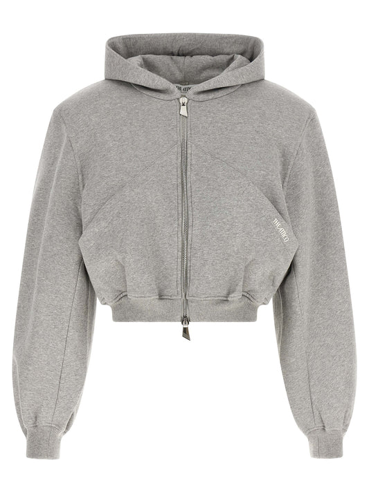 The Attico Gray Cotton Cropped Hooded Sweatshirt with Balloon Sleeves