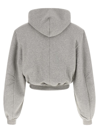 The Attico Gray Cotton Cropped Hooded Sweatshirt with Balloon Sleeves