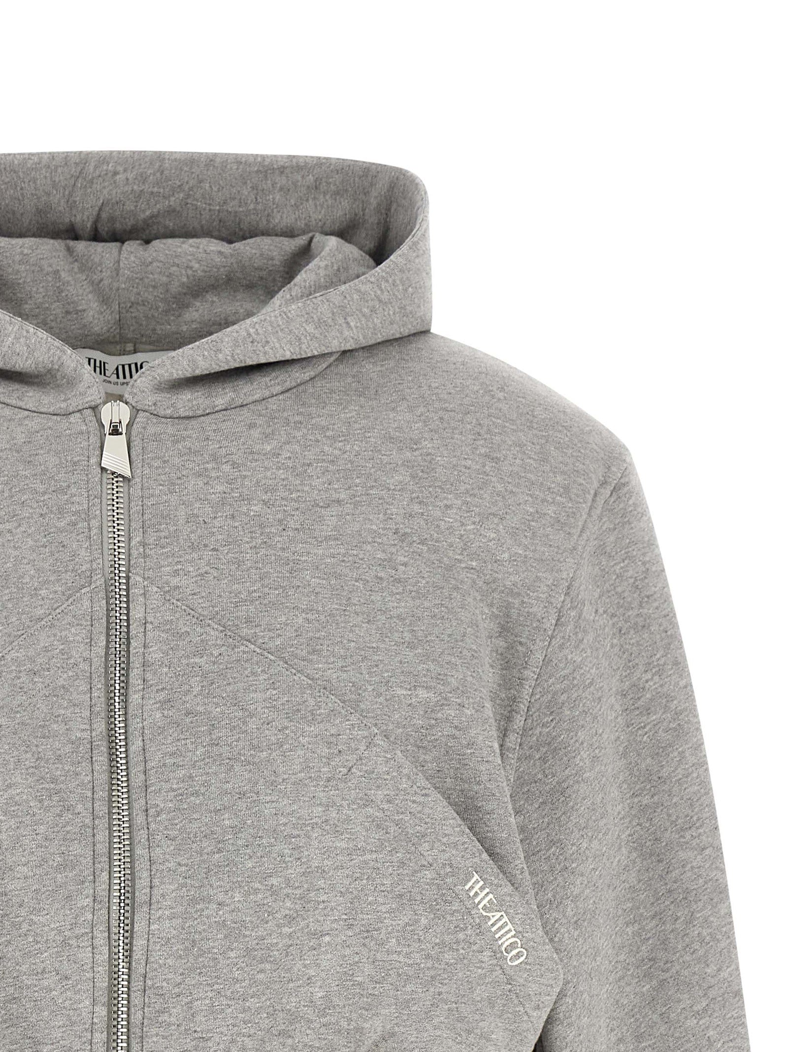 The Attico Gray Cotton Cropped Hooded Sweatshirt with Balloon Sleeves