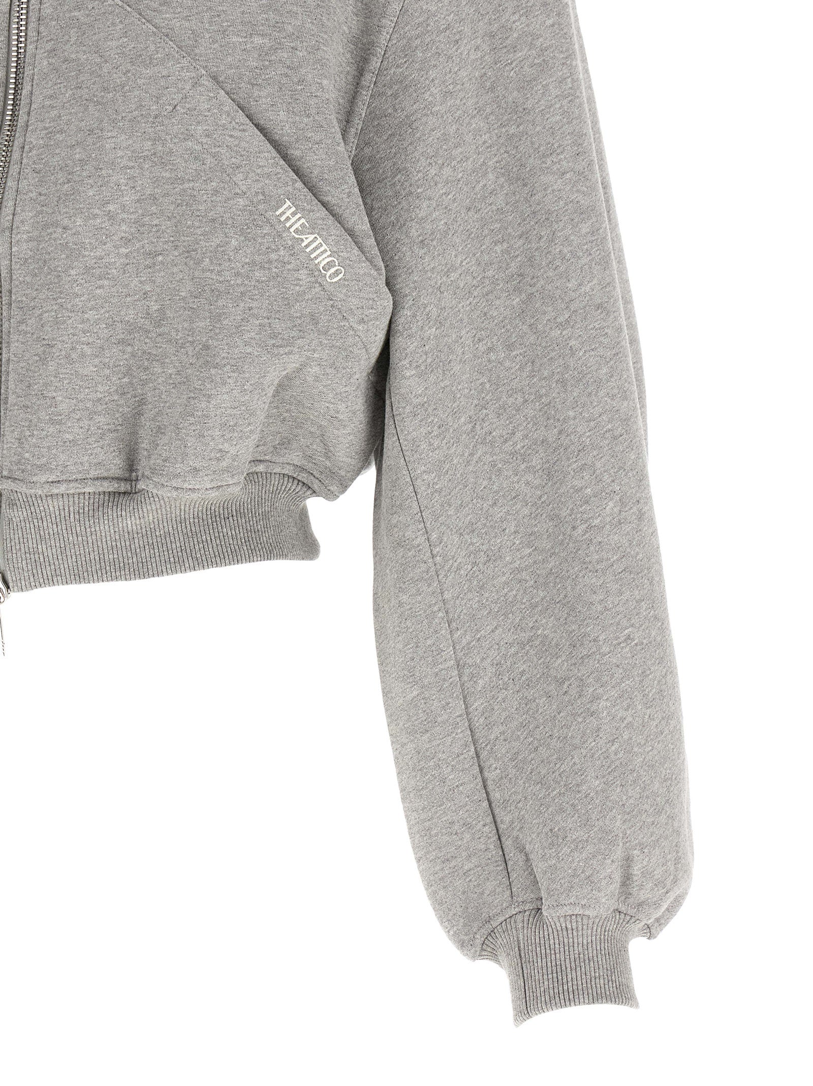The Attico Gray Cotton Cropped Hooded Sweatshirt with Balloon Sleeves