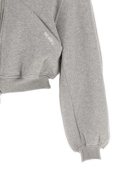 The Attico Gray Cotton Cropped Hooded Sweatshirt with Balloon Sleeves
