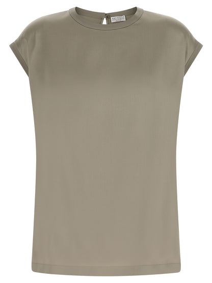 Brunello Cucinelli Bicolor Silk Blouse in Green