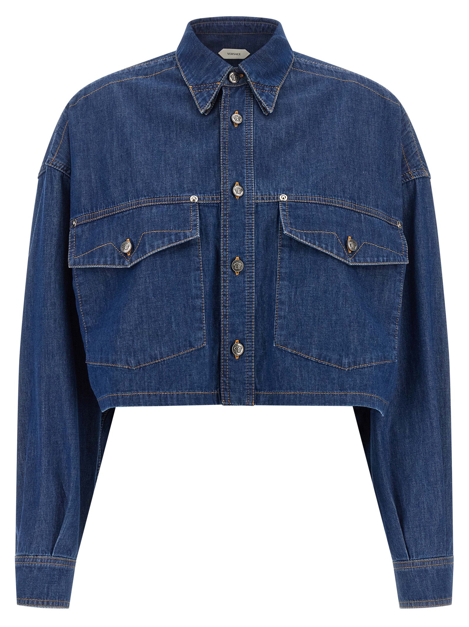 Versace Blue Cotton Crop Blouse with Medusa Buttons