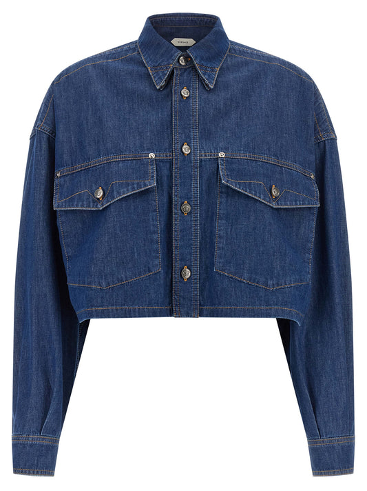 Versace Blue Cotton Crop Blouse with Medusa Buttons