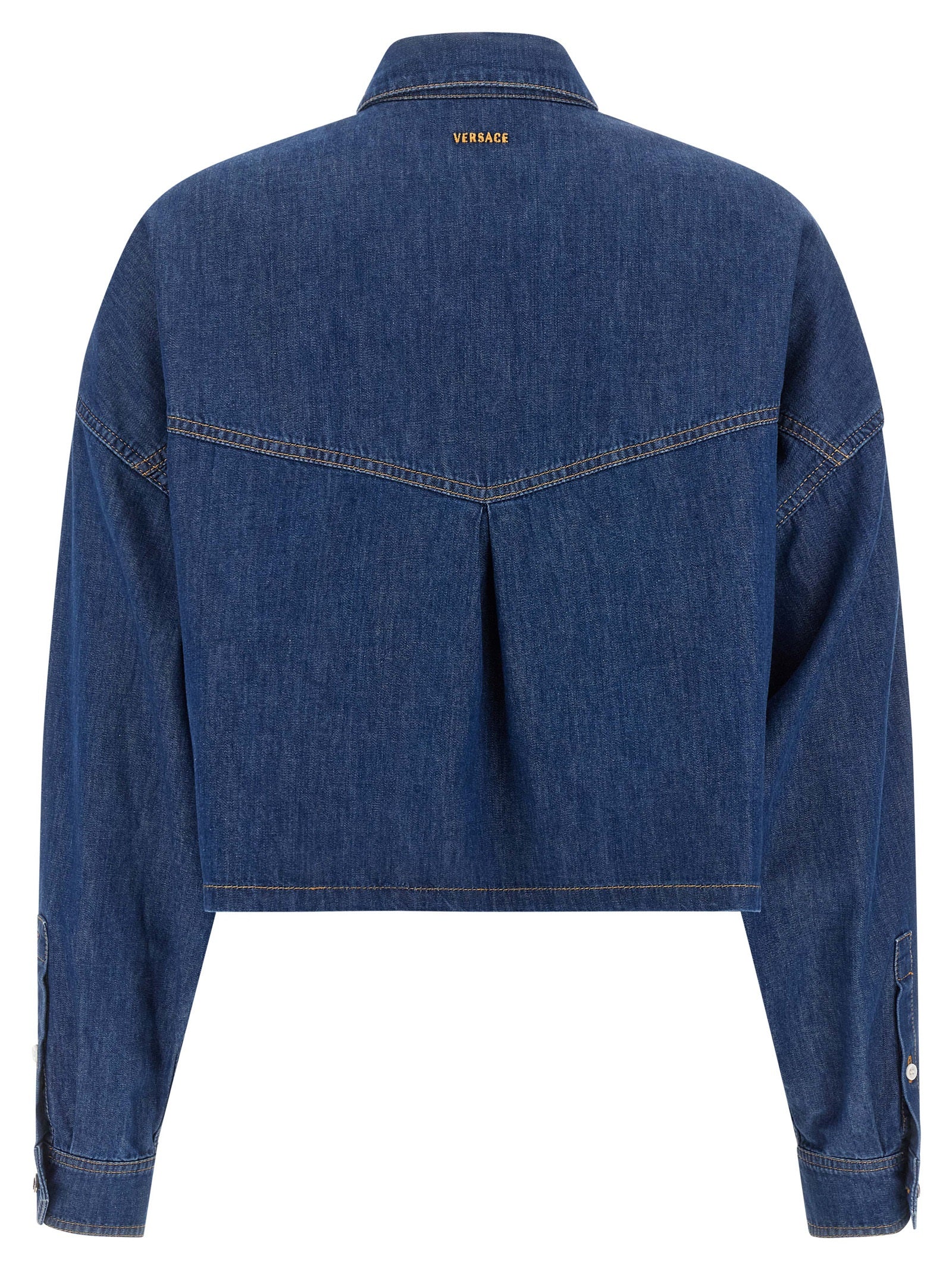 Versace Blue Cotton Crop Blouse with Medusa Buttons