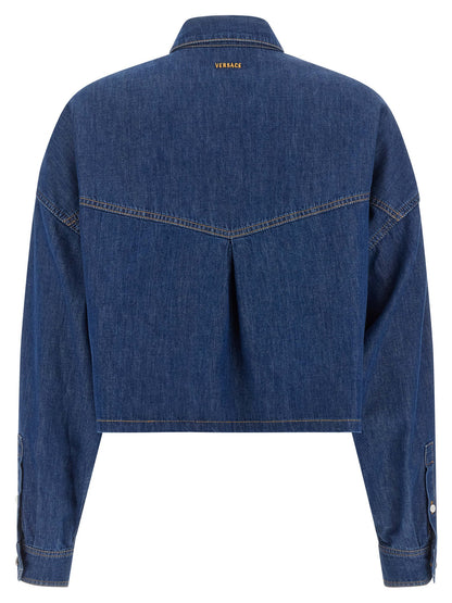 Versace Blue Cotton Crop Blouse with Medusa Buttons