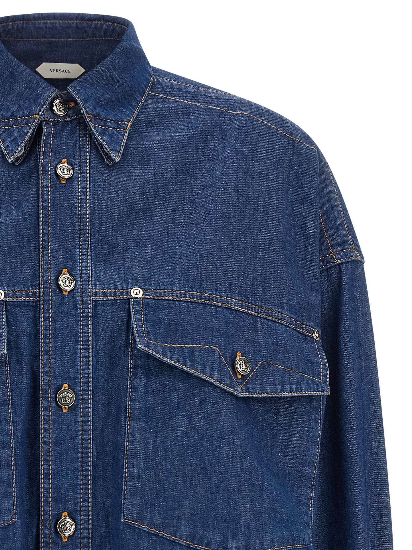 Versace Blue Cotton Crop Blouse with Medusa Buttons
