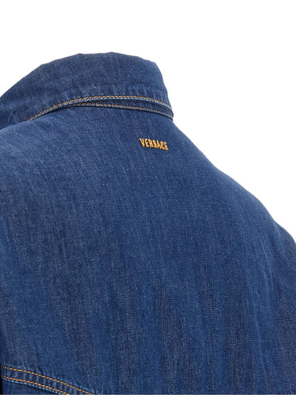 Versace Blue Cotton Crop Blouse with Medusa Buttons