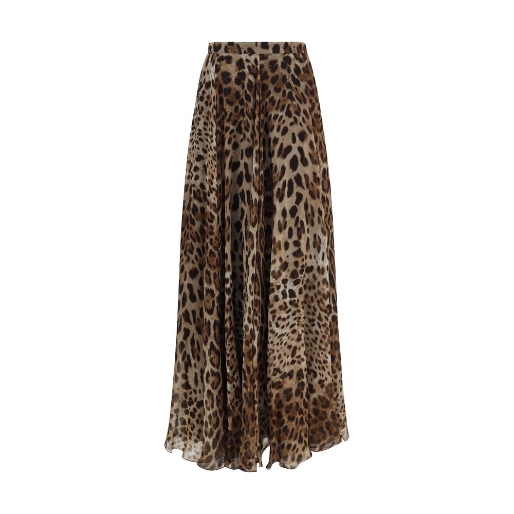 Dolce & Gabbana Leopard-Print Chiffon Long Skirt in Beige
