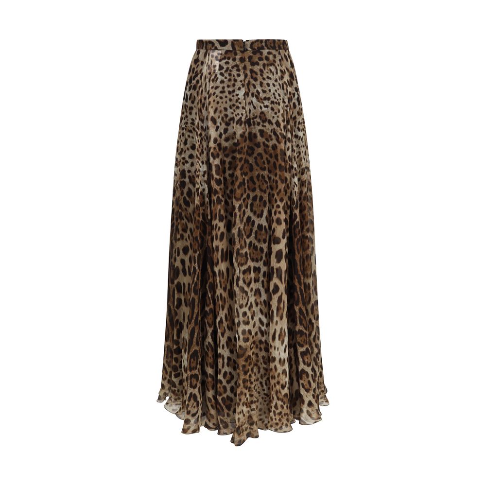 Dolce & Gabbana Leopard-Print Chiffon Long Skirt in Beige