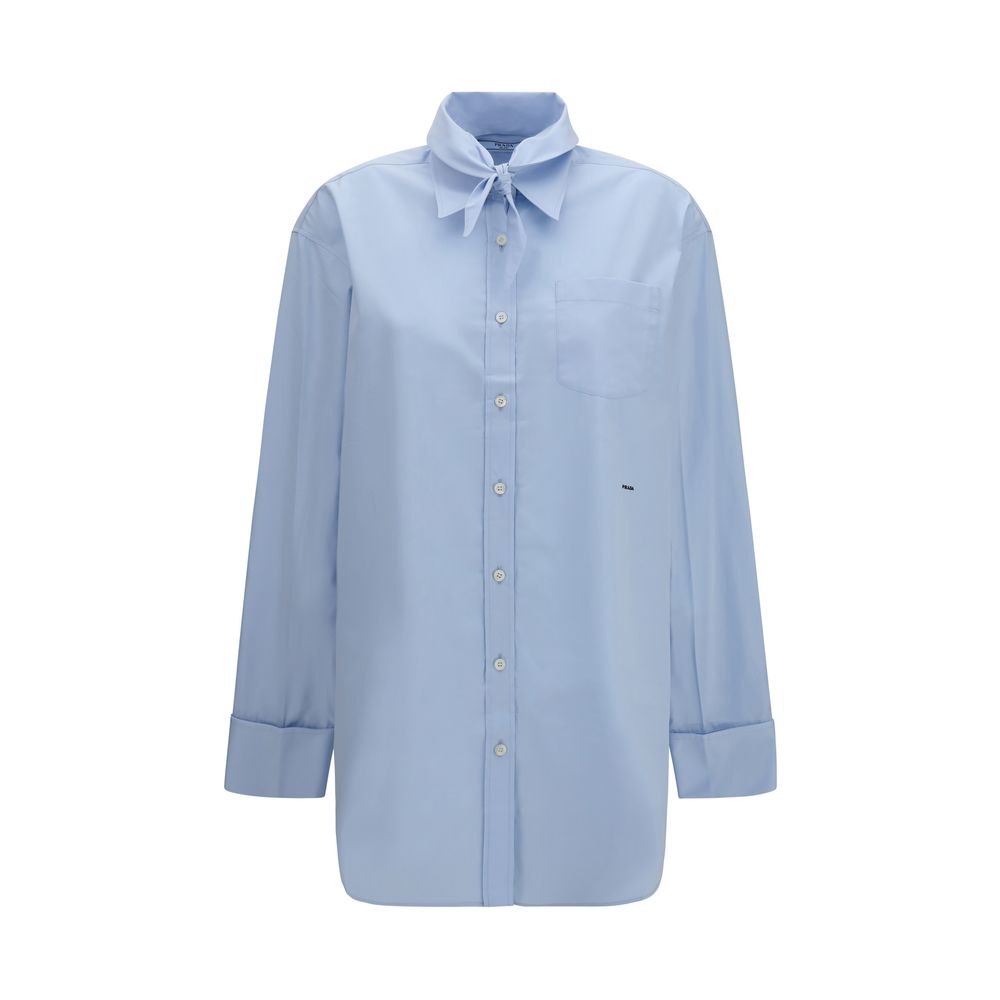 Prada Oversized Blue Cotton Shirt with Pocket and Embroidered Logo