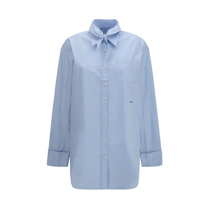 Prada Oversized Blue Cotton Shirt with Pocket and Embroidered Logo