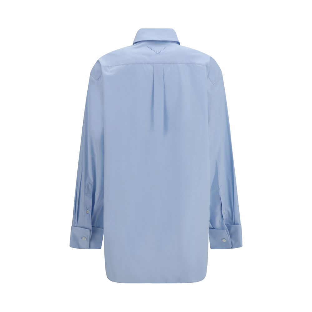Prada Oversized Blue Cotton Shirt with Pocket and Embroidered Logo