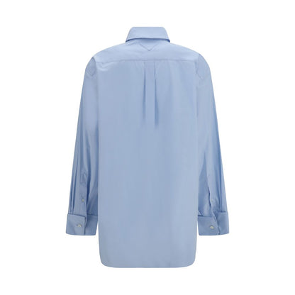 Prada Oversized Blue Cotton Shirt with Pocket and Embroidered Logo
