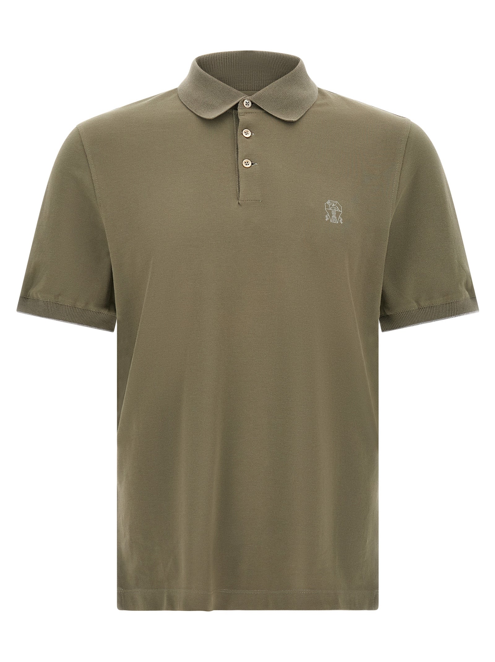Brunello Cucinelli Bicolor Cotton Polo Shirt - Olive Green