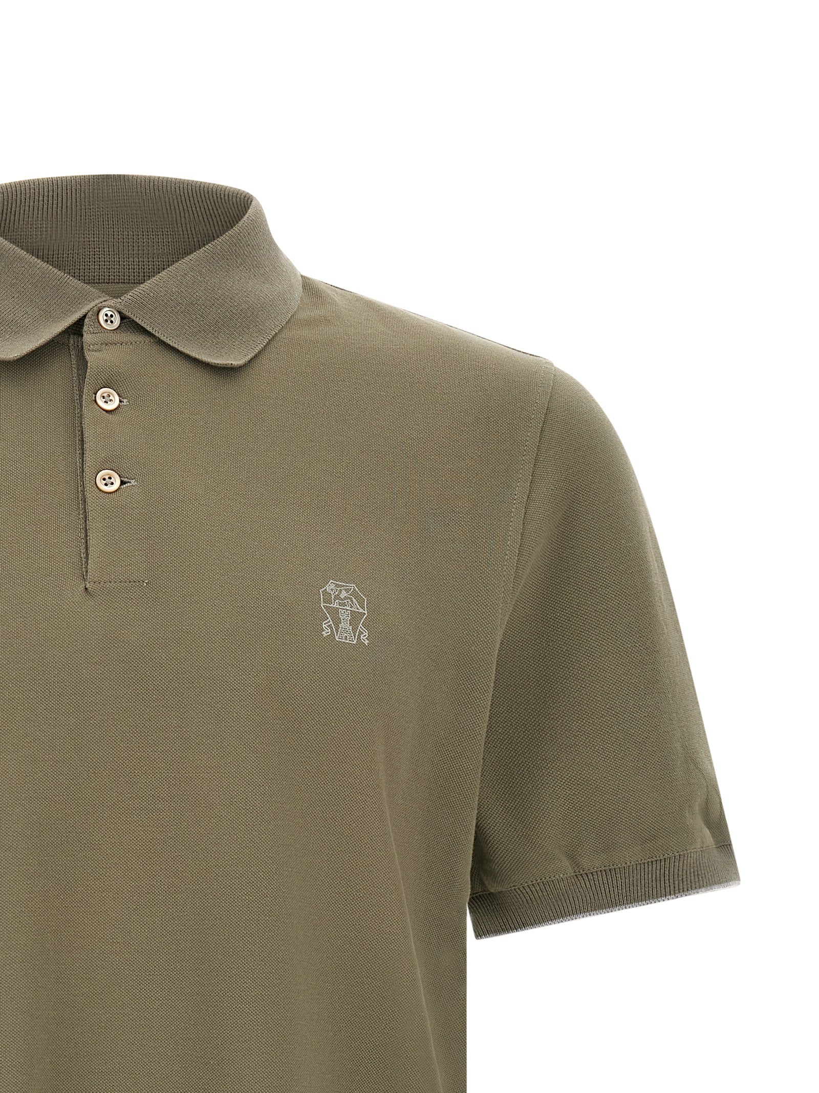 Brunello Cucinelli Bicolor Cotton Polo Shirt - Olive Green