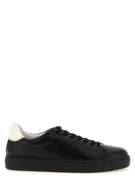 Versace Bicolor Calfskin Low Top Sneakers in White/Black