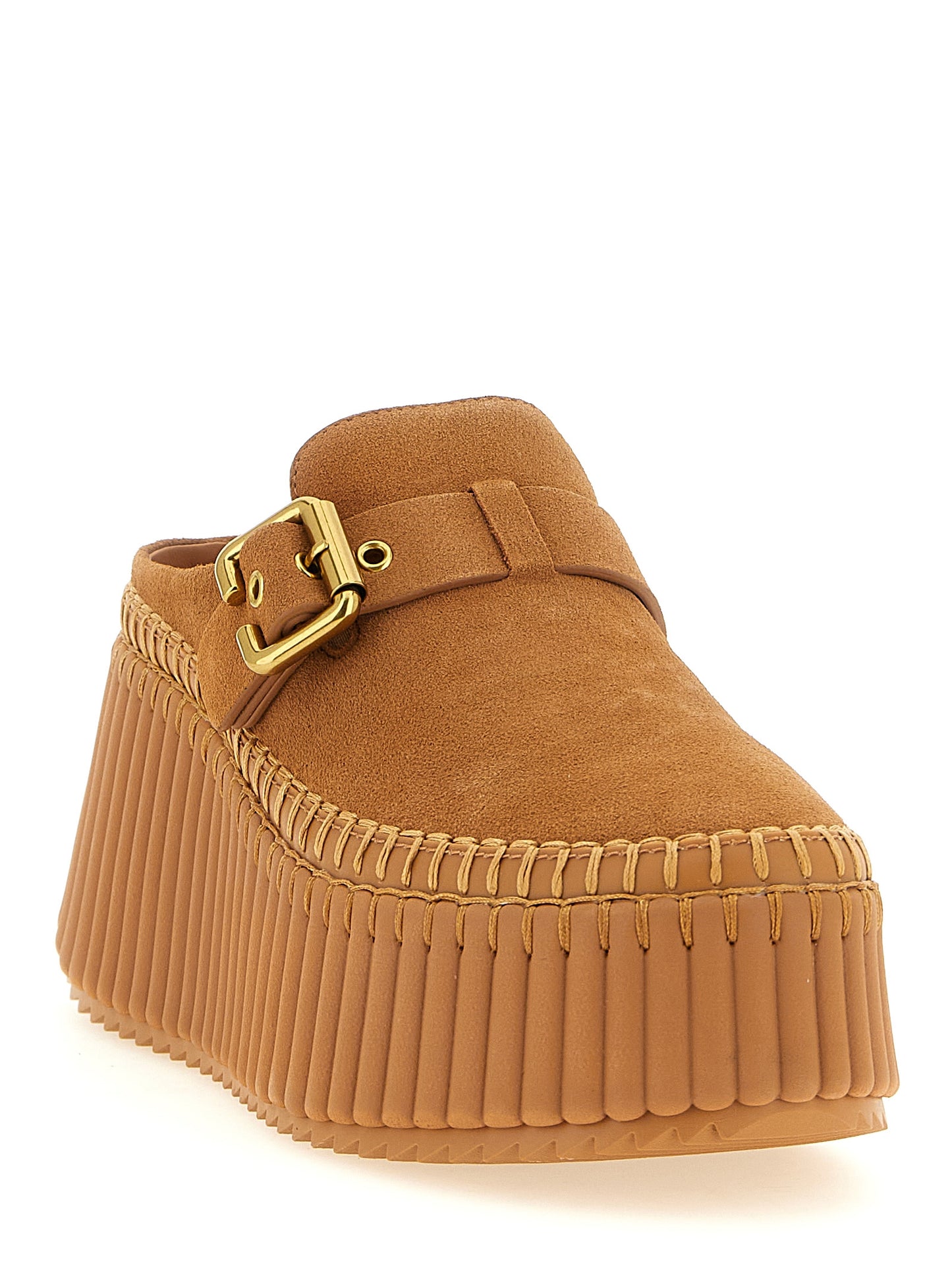 Chloé Beige Calfskin Nama Sabots Wedge Sandals