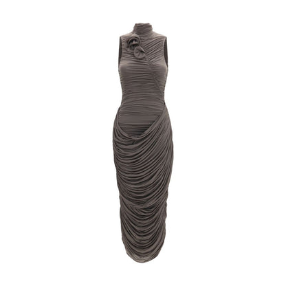 Magda Butrym Gray Draped High-Neck Midi Dress