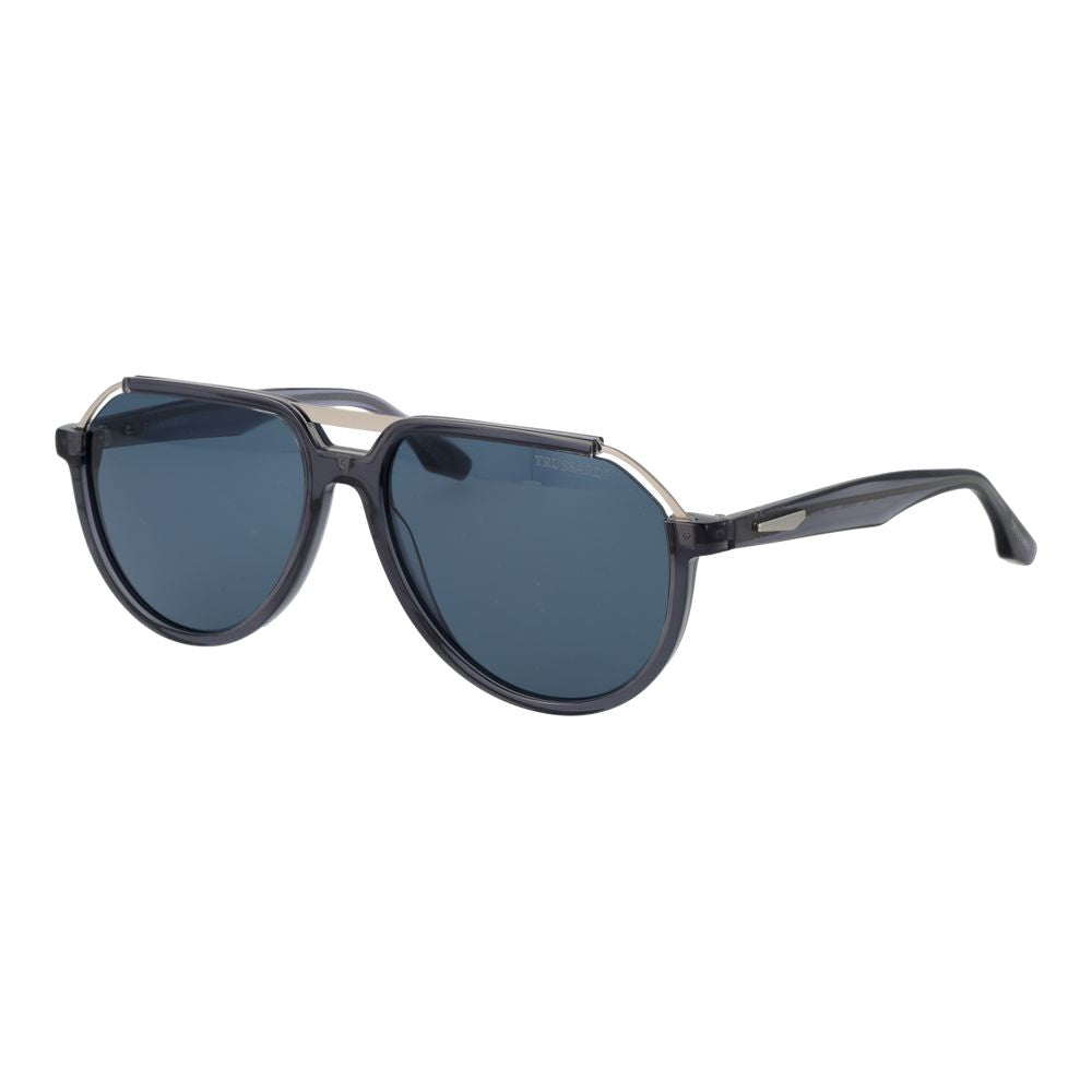 Trussardi Men’s Sunglasses – Gray Acetate & Stainless Steel Aviator Frame, Blue Lenses
