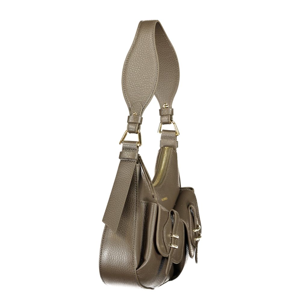Coccinelle Brown Leather MAVERY Pocket Bag with Shoulder Handle and External Pockets