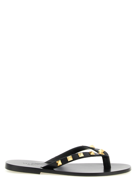 Valentino Garavani Black Calfskin Rockstud Thong Slide Sandals