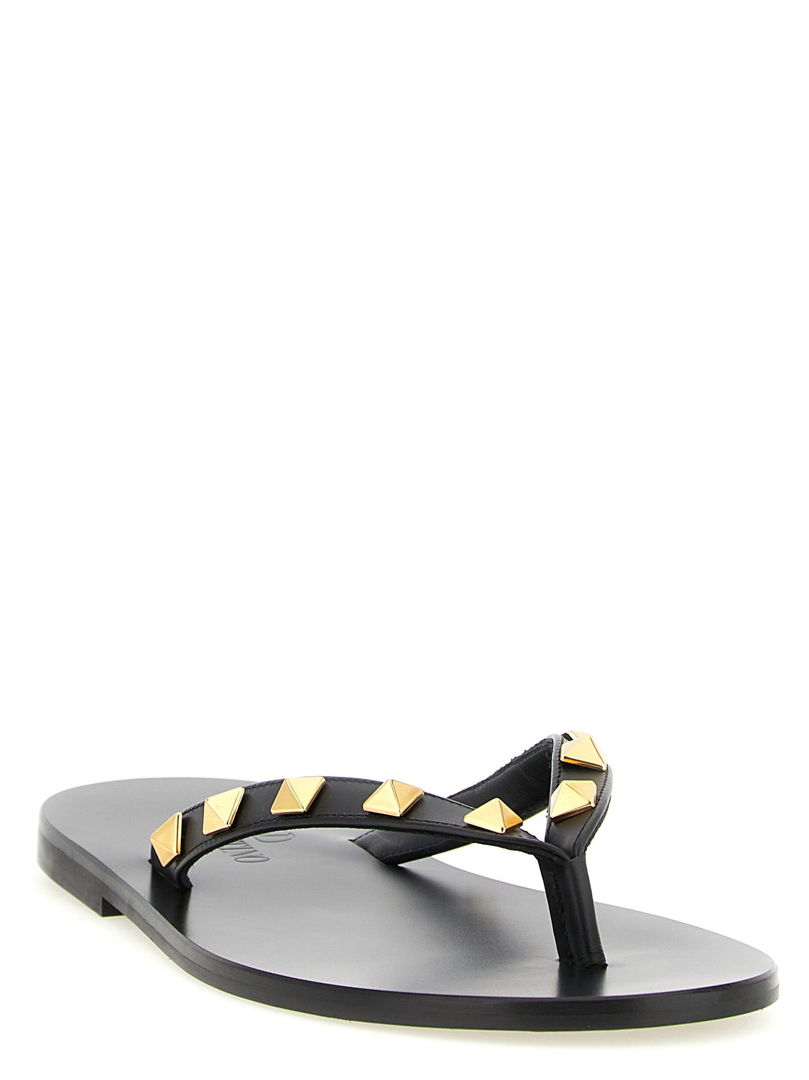 Valentino Garavani Black Calfskin Rockstud Thong Slide Sandals