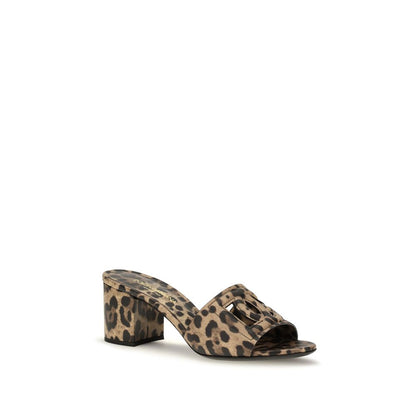 Dolce & Gabbana Beige DG Cutout Leopard-Printed Leather Slide Sandals.