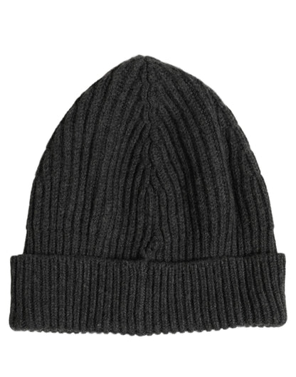 Dolce & Gabbana Men Charcoal Grey Ribbed Wool Knit Beanie Hat