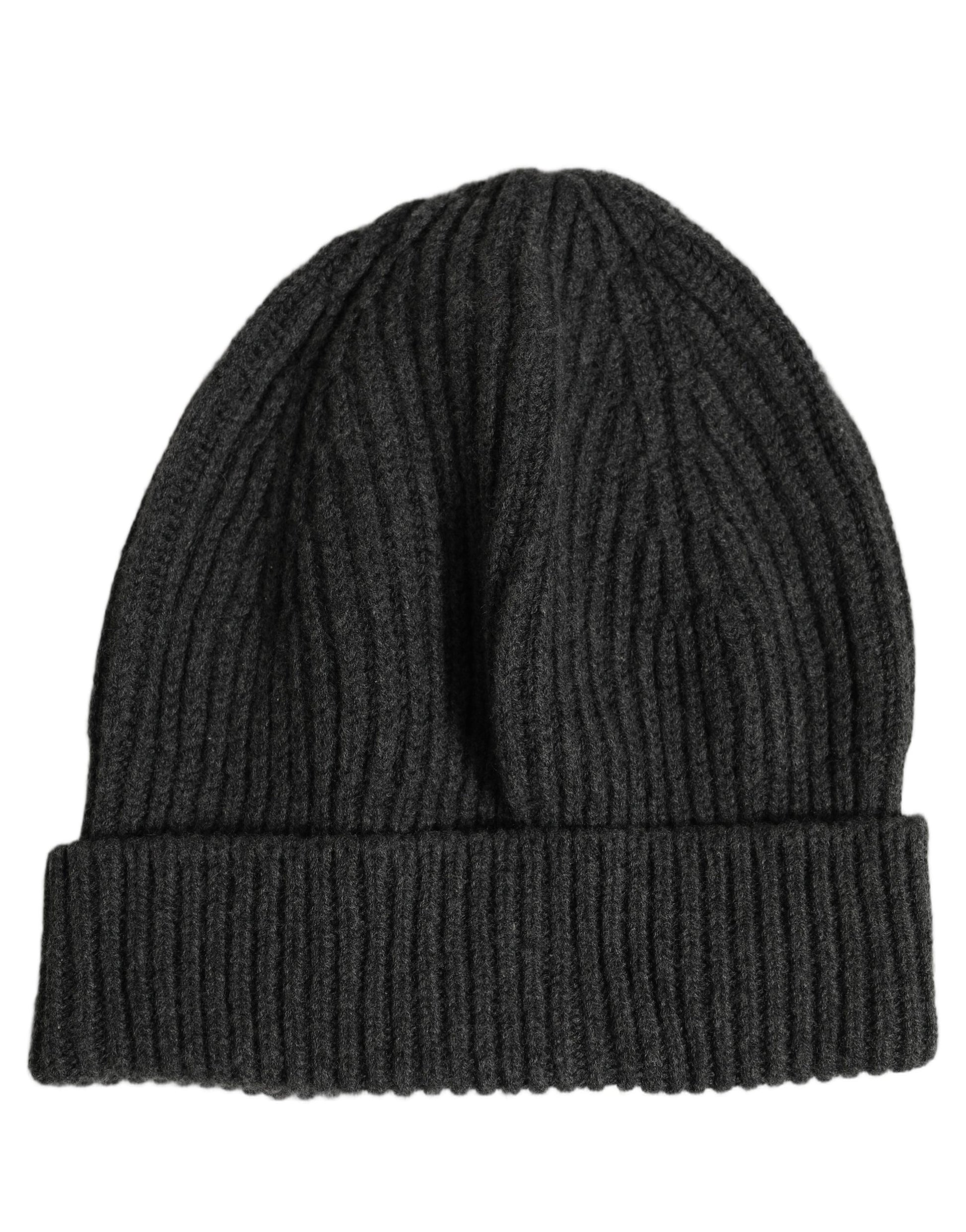 Dolce & Gabbana Men Charcoal Grey Ribbed Wool Knit Beanie Hat