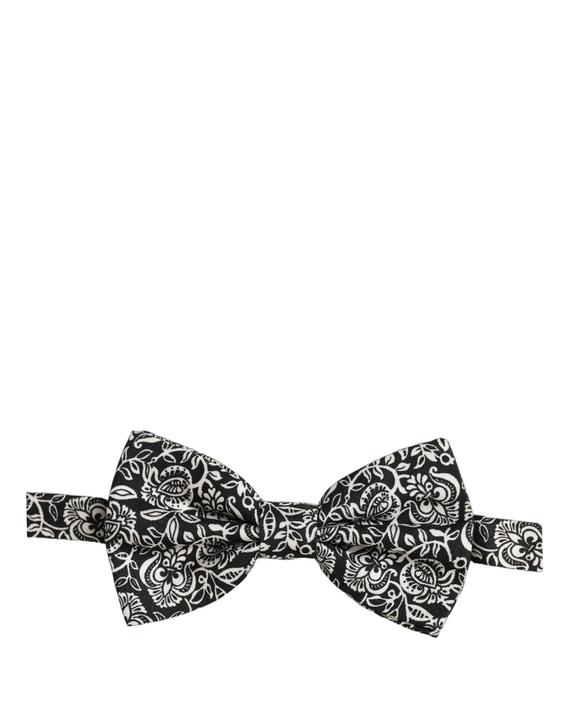 Dolce & Gabbana Black White Paisley Silk Adjustable Neck Papillon Bow Tie