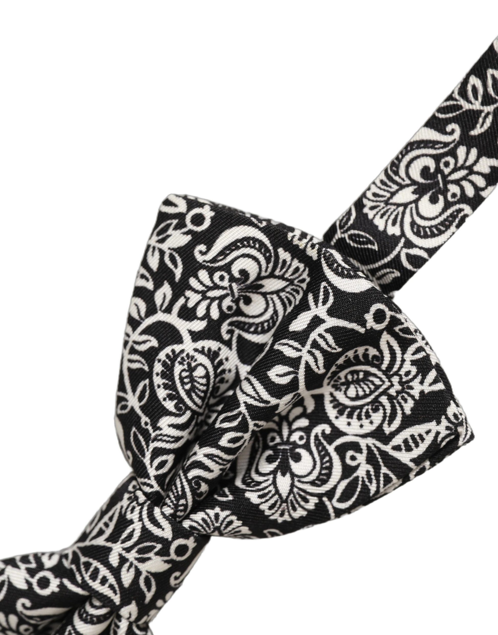 Dolce & Gabbana Black White Paisley Silk Adjustable Neck Papillon Bow Tie