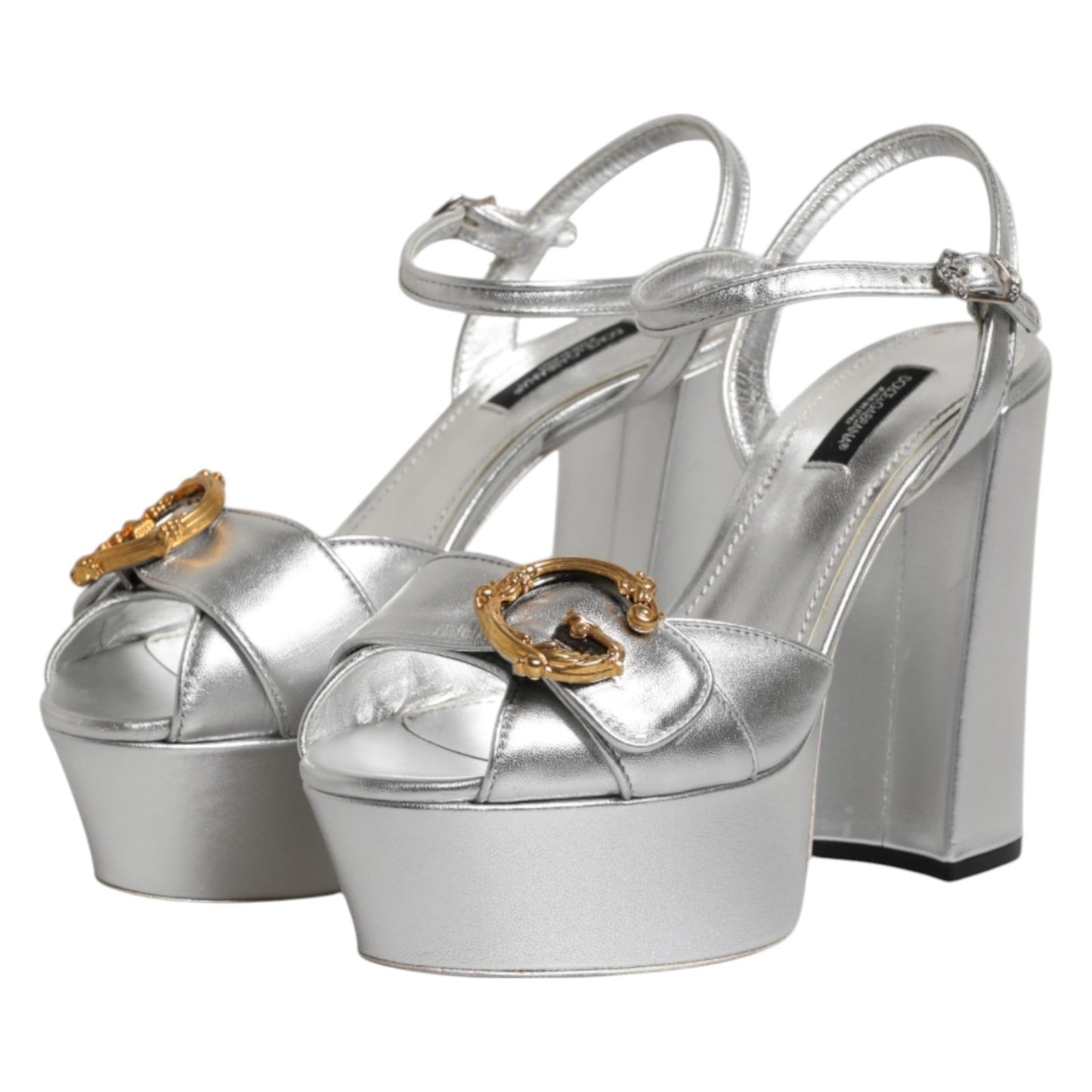 Dolce & Gabbana Silver Logo Wedge Ankle Strap Sandals