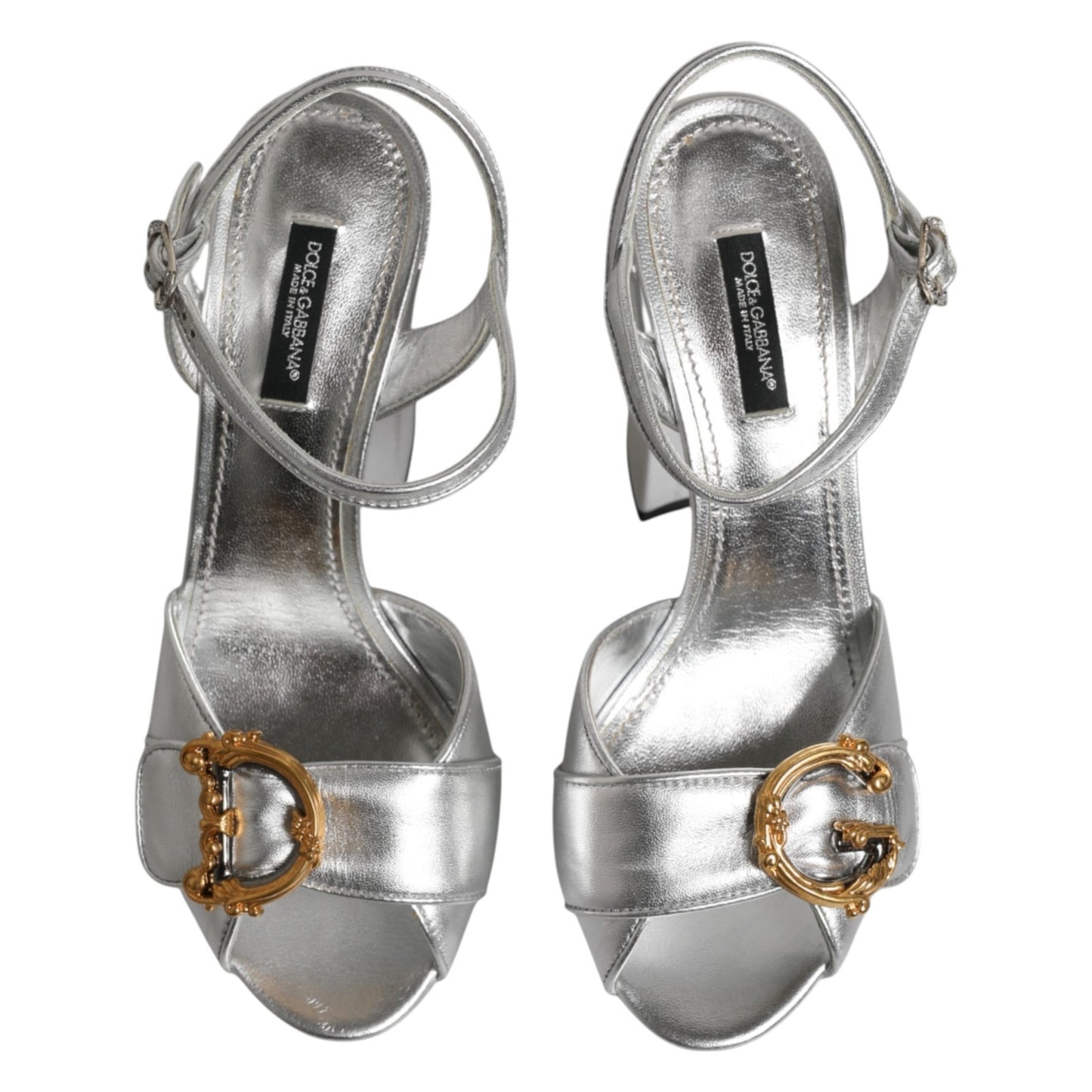 Dolce & Gabbana Silver Logo Wedge Ankle Strap Sandals