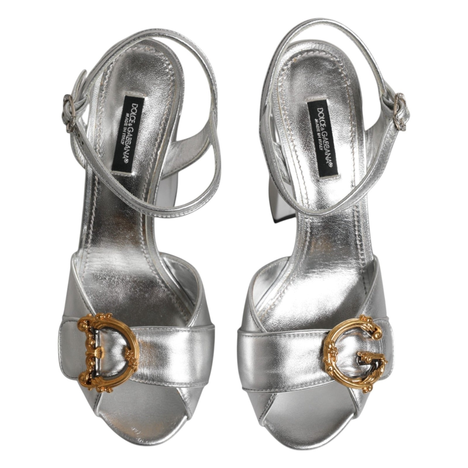 Dolce & Gabbana Silver Logo Wedge Ankle Strap Sandals