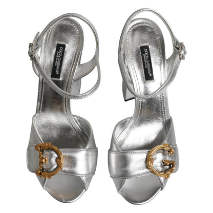 Dolce & Gabbana Silver Logo Wedge Ankle Strap Sandals