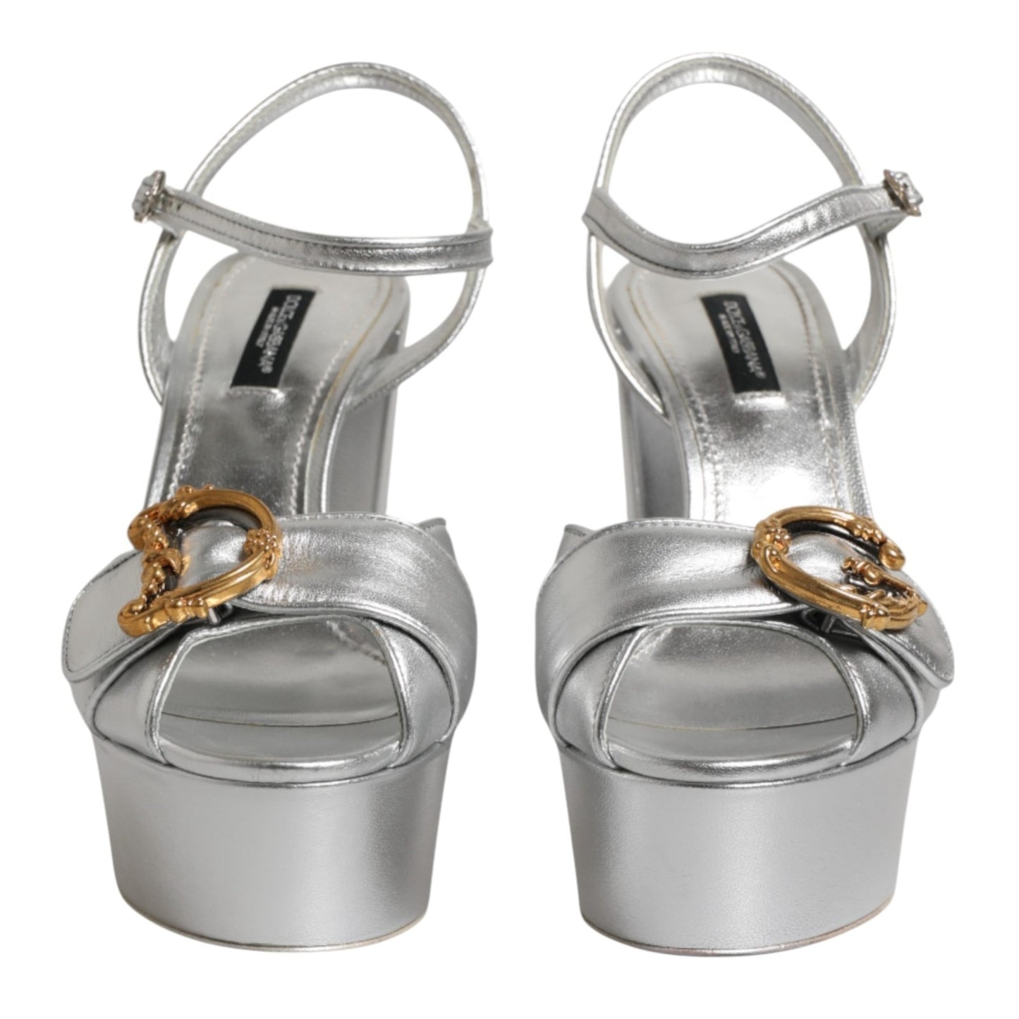 Dolce & Gabbana Silver Logo Wedge Ankle Strap Sandals