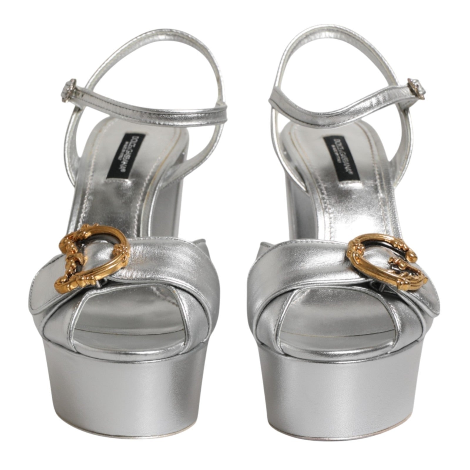 Dolce & Gabbana Silver Logo Wedge Ankle Strap Sandals
