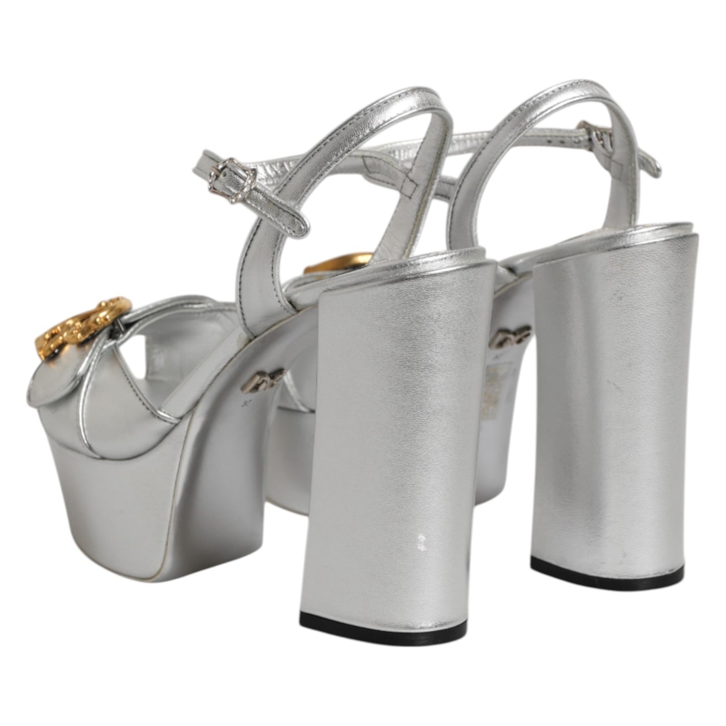 Dolce & Gabbana Silver Logo Wedge Ankle Strap Sandals
