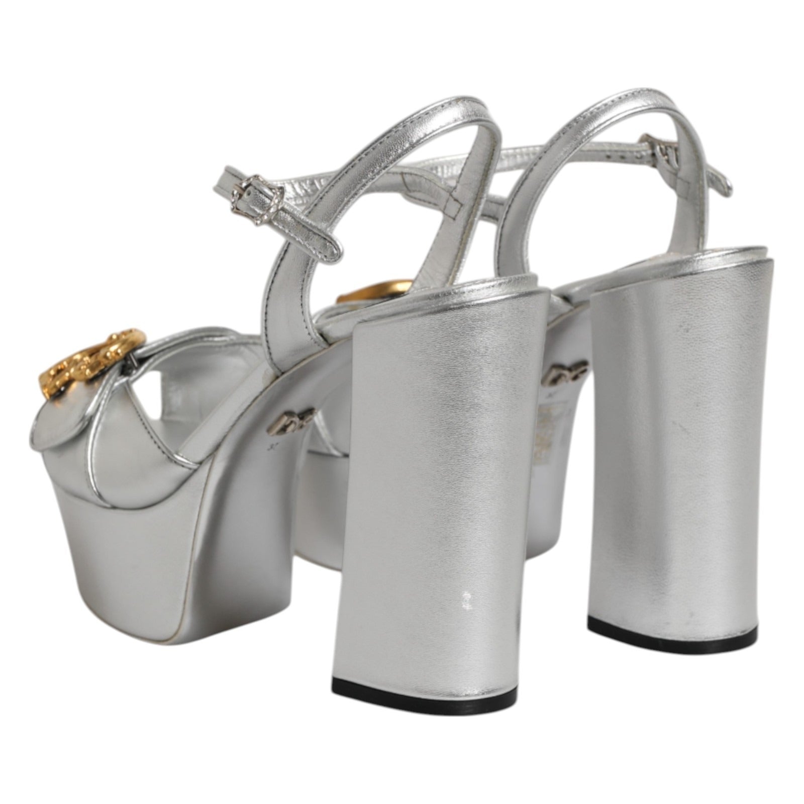 Dolce & Gabbana Silver Logo Wedge Ankle Strap Sandals